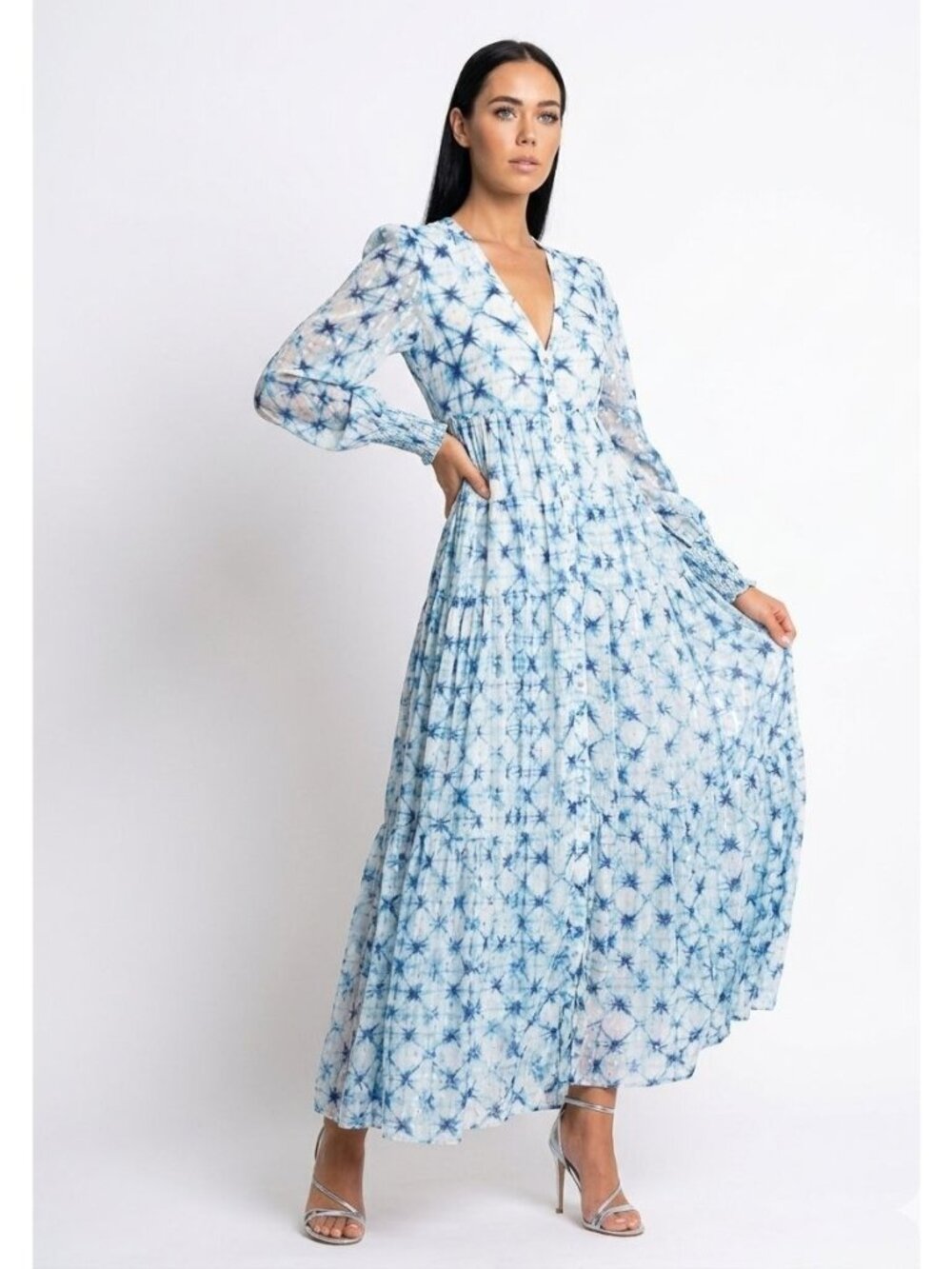 Rococo Sand Volna Maxi Dress S Tiered Long Sleeve Stars Resort Cruise